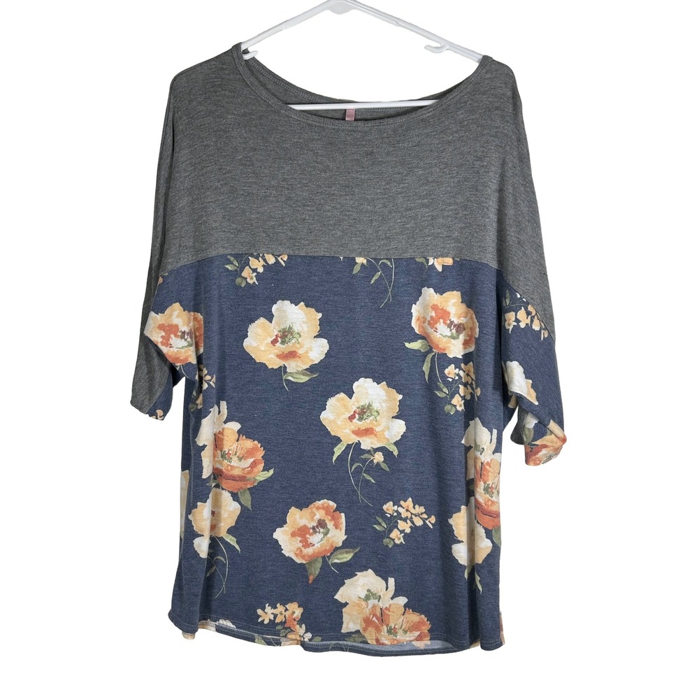 Cool Melon Womens XL Colorblock Floral Dolman Sleeve Top Grey Navy Blue 2234